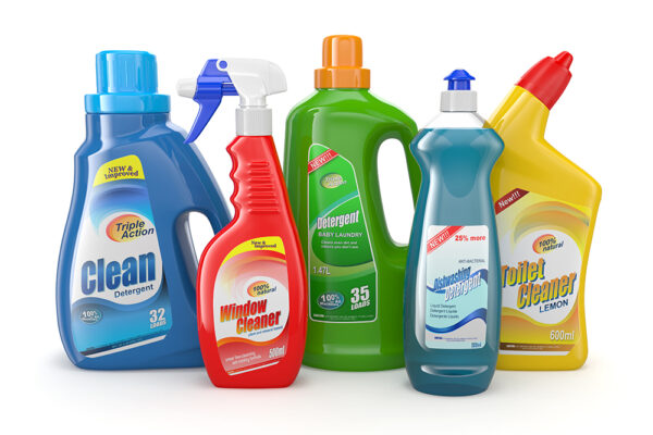 Plastic detergent bottles on white background. Cleaning products. 3d